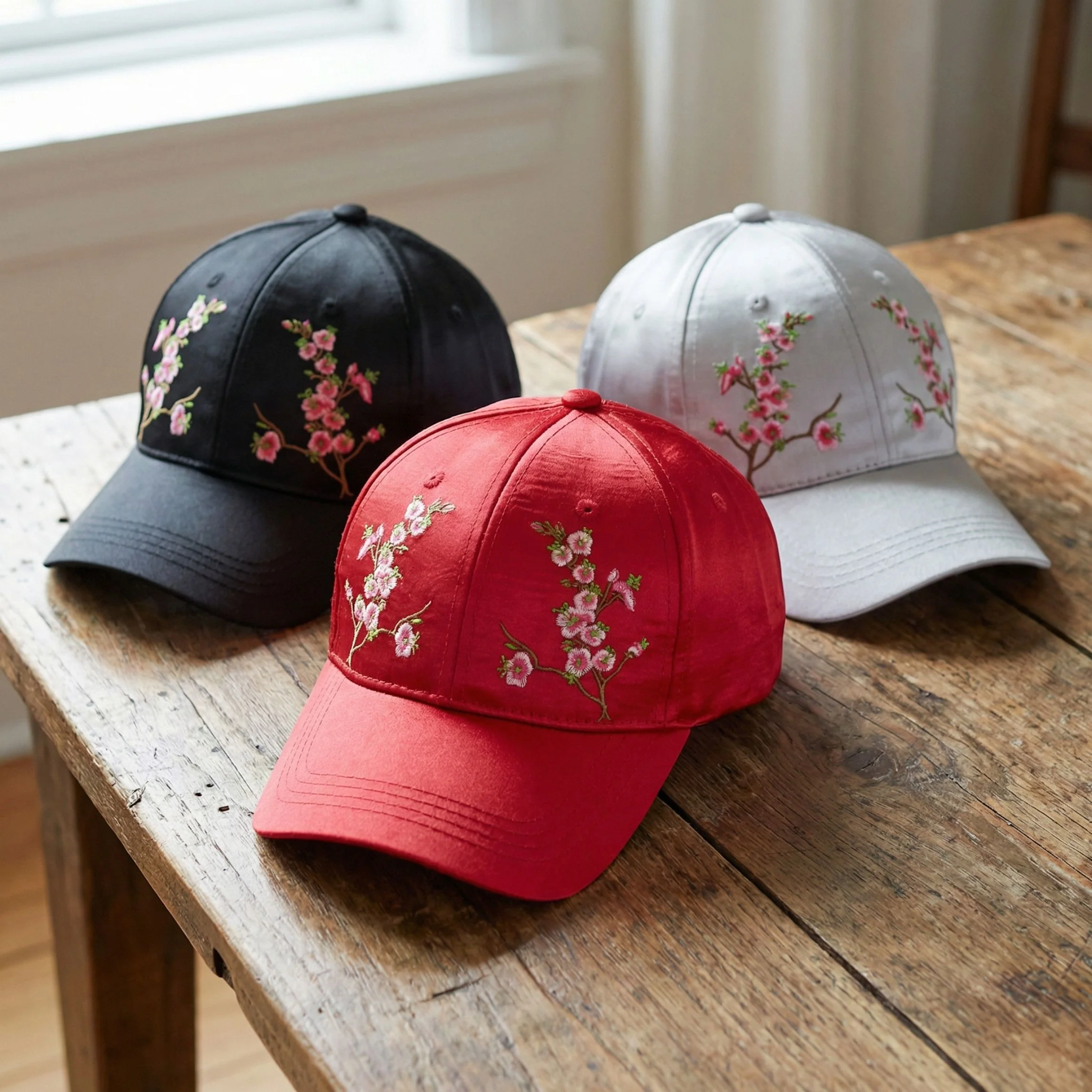 Chinese Blossom Embroidered Baseball Cap | Satin Polyester Adjustable Hat (Black, Grey, Red, White) - Image 11