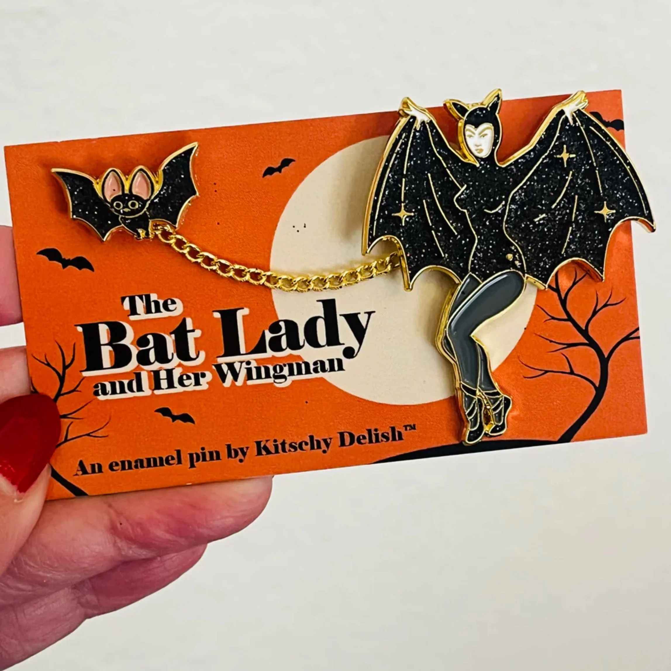 Bat Lady & Her Wingman Enamel Pin | Glitter Gothic Chain Pin Halloween - Image 2