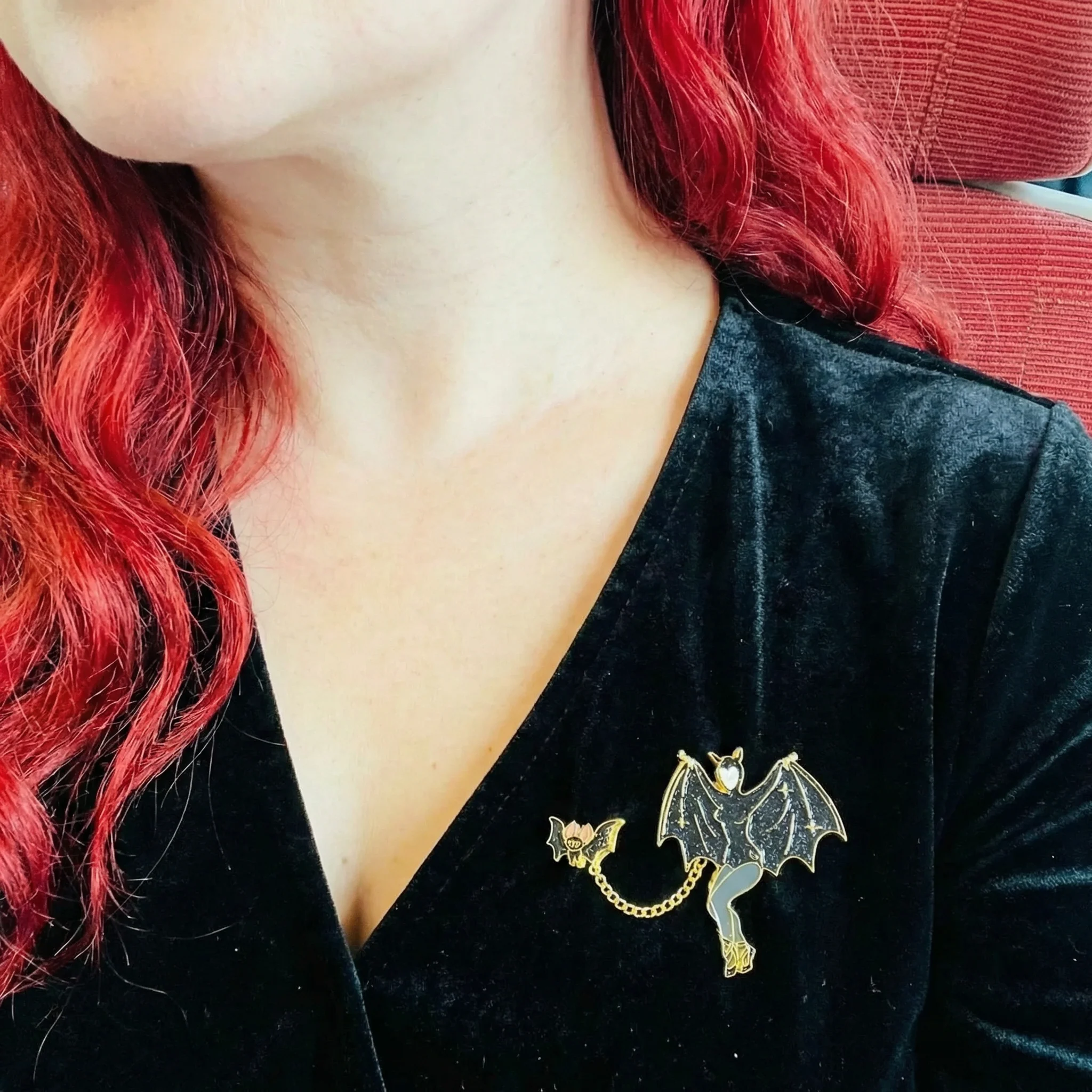 Bat Lady & Her Wingman Enamel Pin | Glitter Gothic Chain Pin Halloween - Image 3