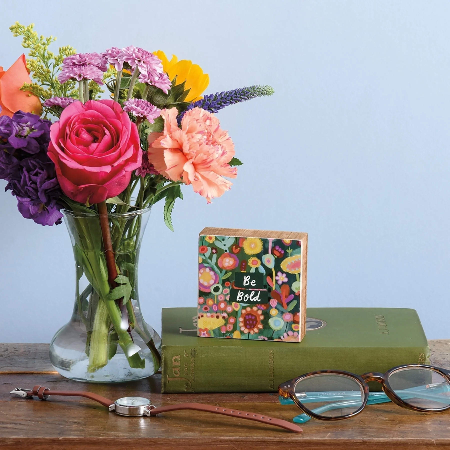 Be Bold Mini Wooden Inspo Block Sign in Floral Print | 3" x 3" - Image 6