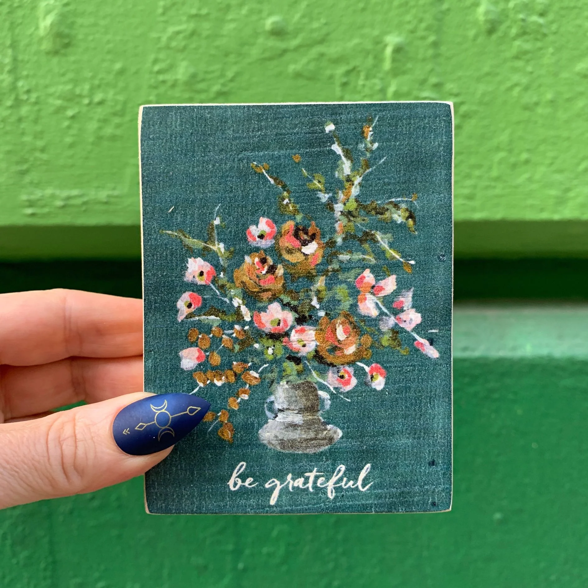 Be Grateful Inspo Block Sign | Watercolor Flower Bouquet Wooden Decor | 3" x 4" | Gift for Her