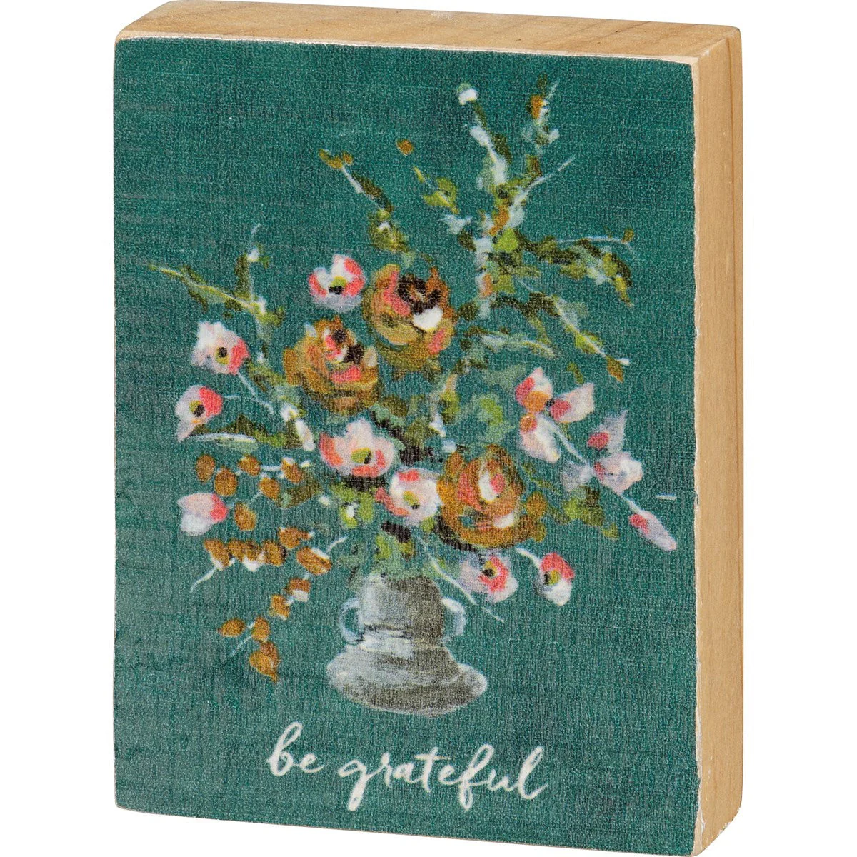 Be Grateful Inspo Block Sign | Watercolor Flower Bouquet Wooden Decor | 3" x 4" | Gift for Her - Image 2