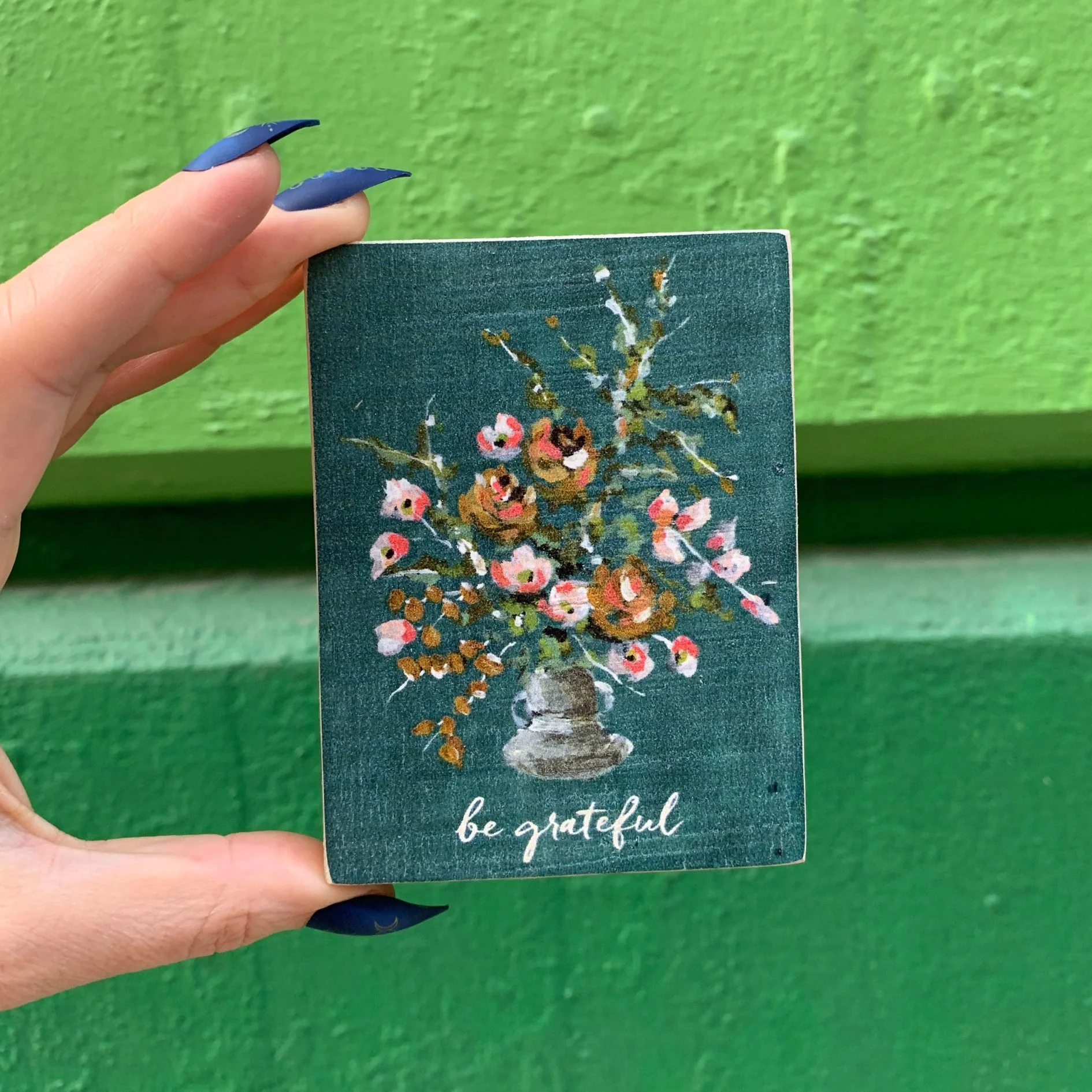 Be Grateful Inspo Block Sign | Watercolor Flower Bouquet Wooden Decor | 3" x 4" | Gift for Her - Image 5