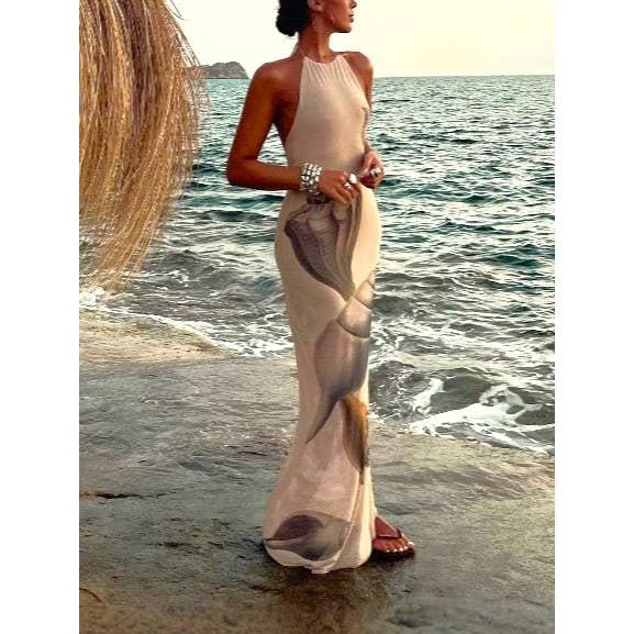 Beach Seashell Print Halterneck Mesh Maxi Dress [Sizes S-L] - Image 2