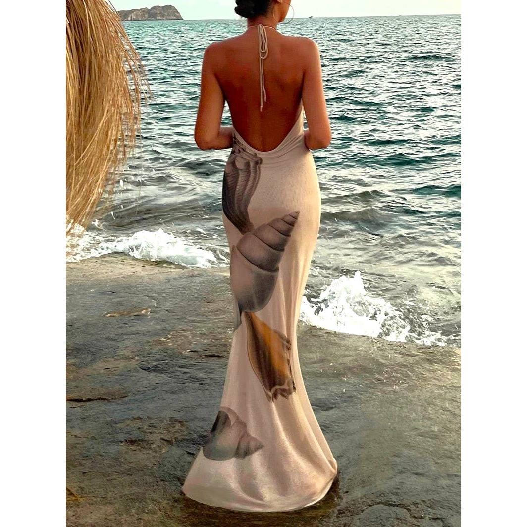 Beach Seashell Print Halterneck Mesh Maxi Dress [Sizes S-L] - Image 4