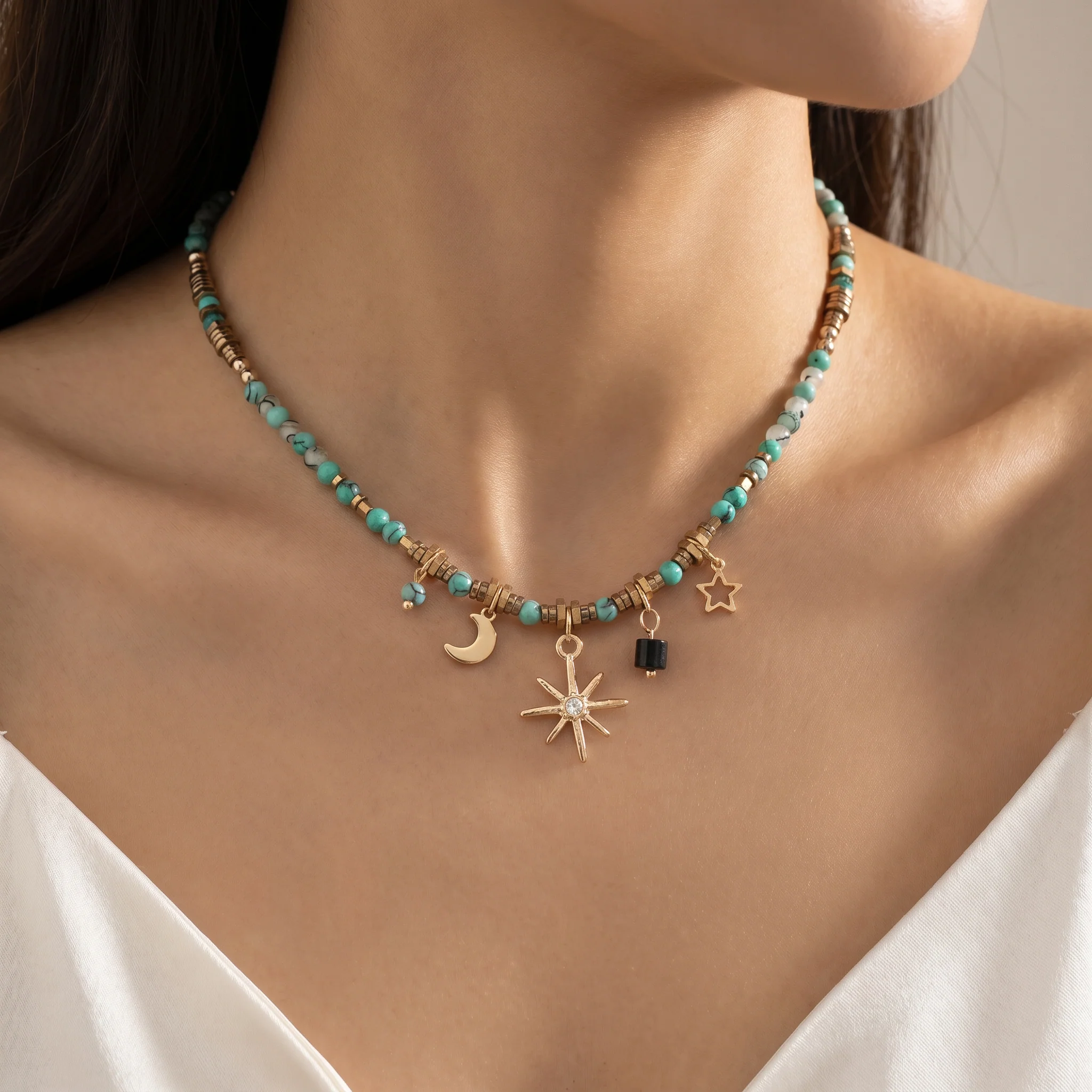 Beaded Celestial Necklace | Sun, Star & Moon Charms in Aqua, Gold & Bronze - Image 2