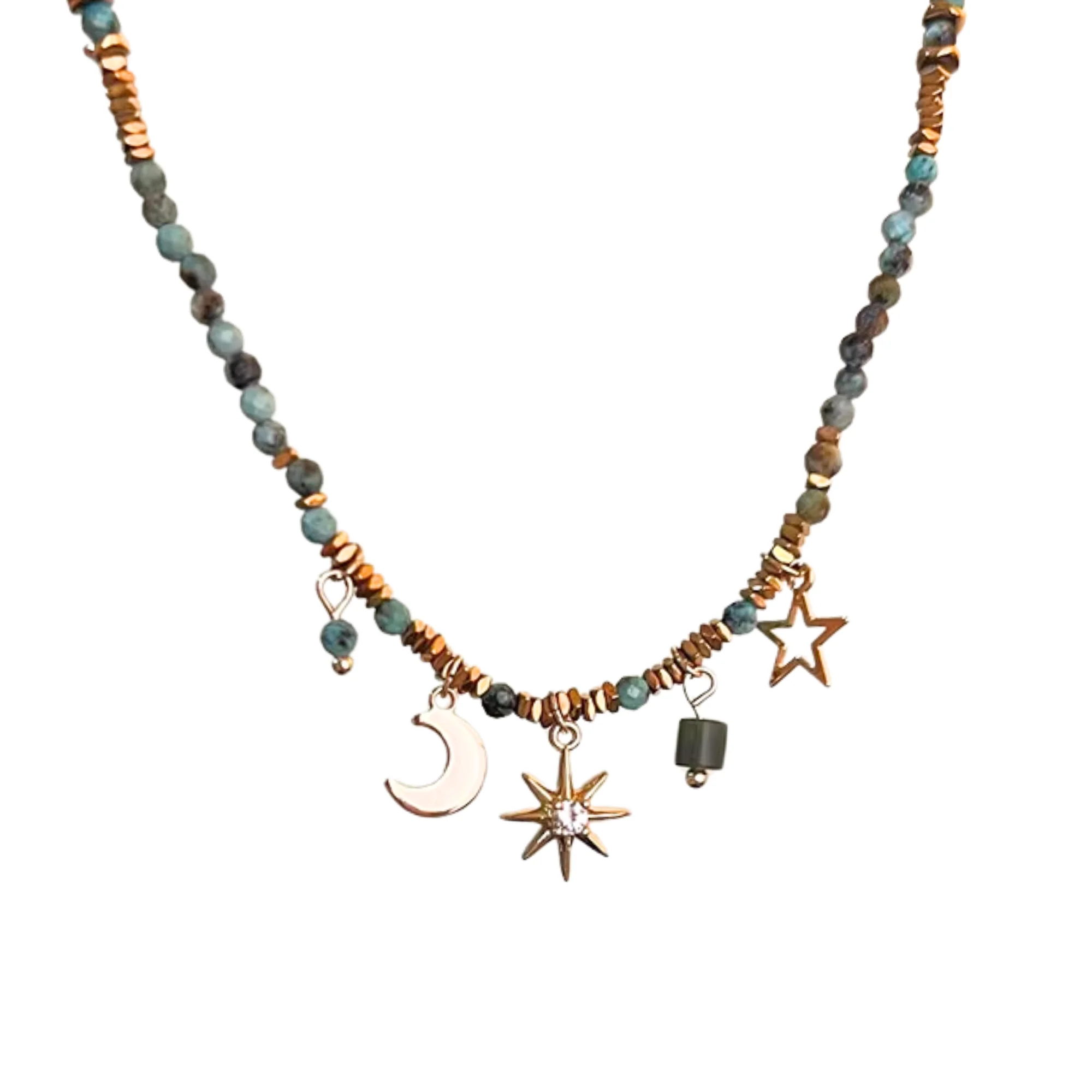 Beaded Celestial Necklace | Sun, Star & Moon Charms in Aqua, Gold & Bronze - Image 3