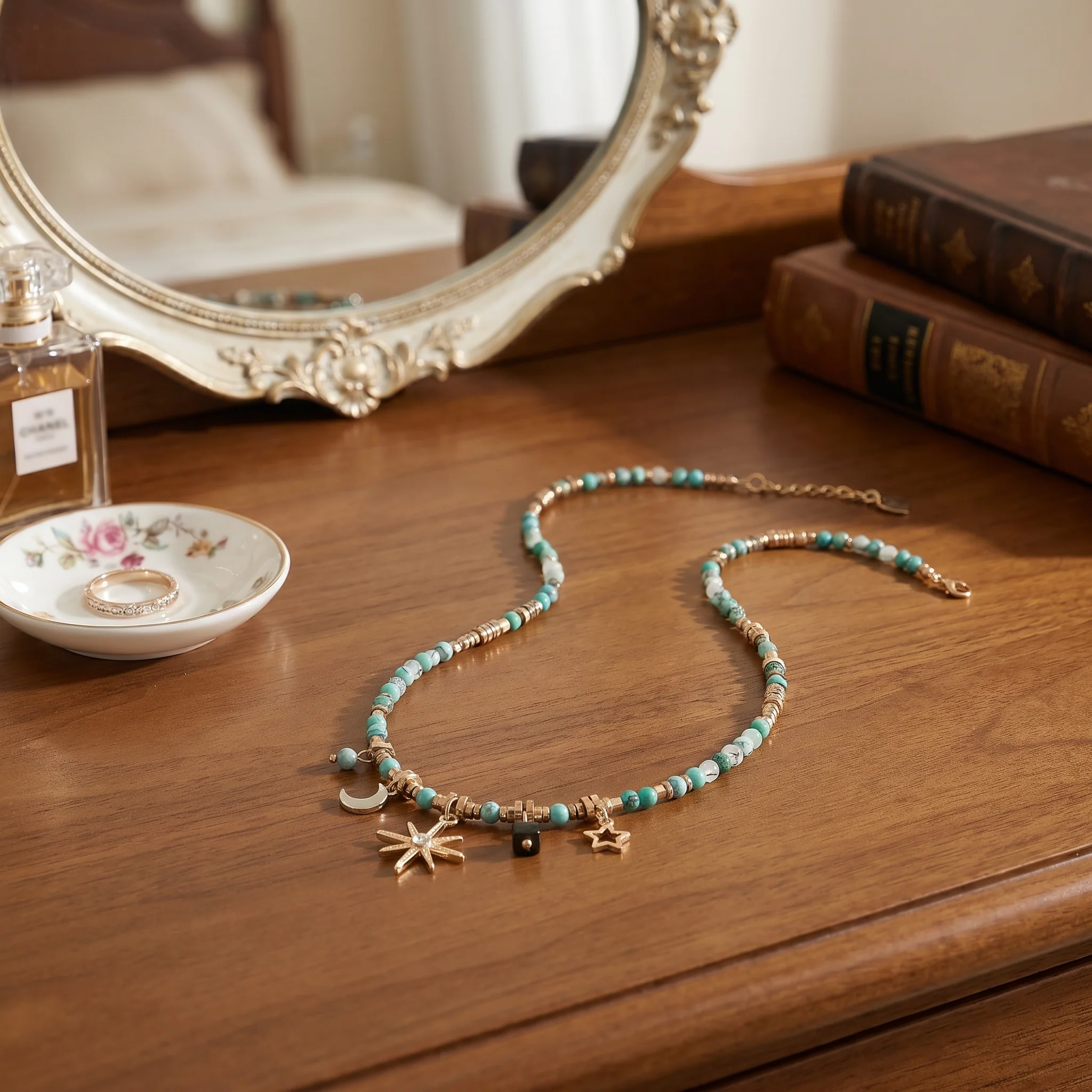Beaded Celestial Necklace | Sun, Star & Moon Charms in Aqua, Gold & Bronze - Image 4