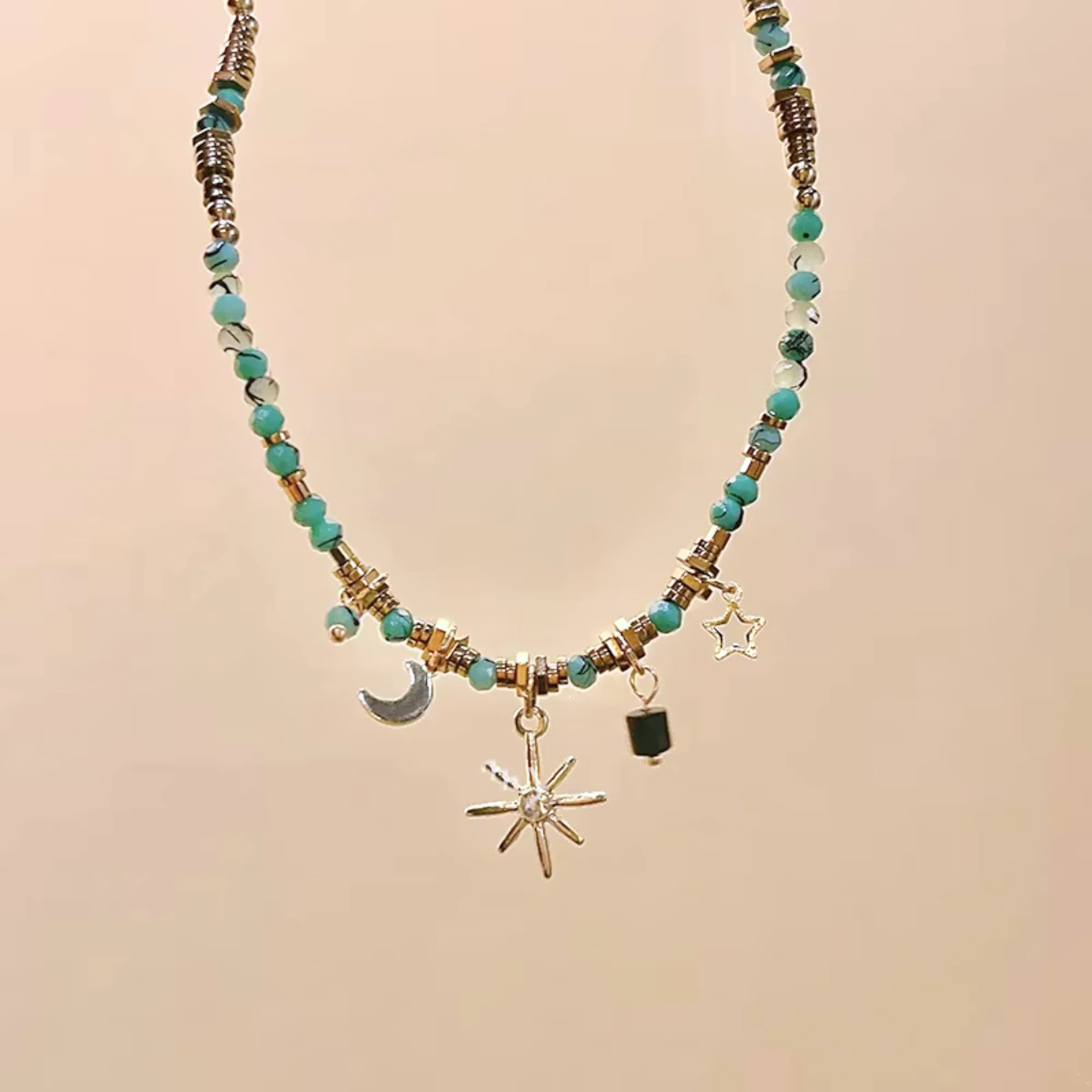 Beaded Celestial Necklace | Sun, Star & Moon Charms in Aqua, Gold & Bronze - Image 5