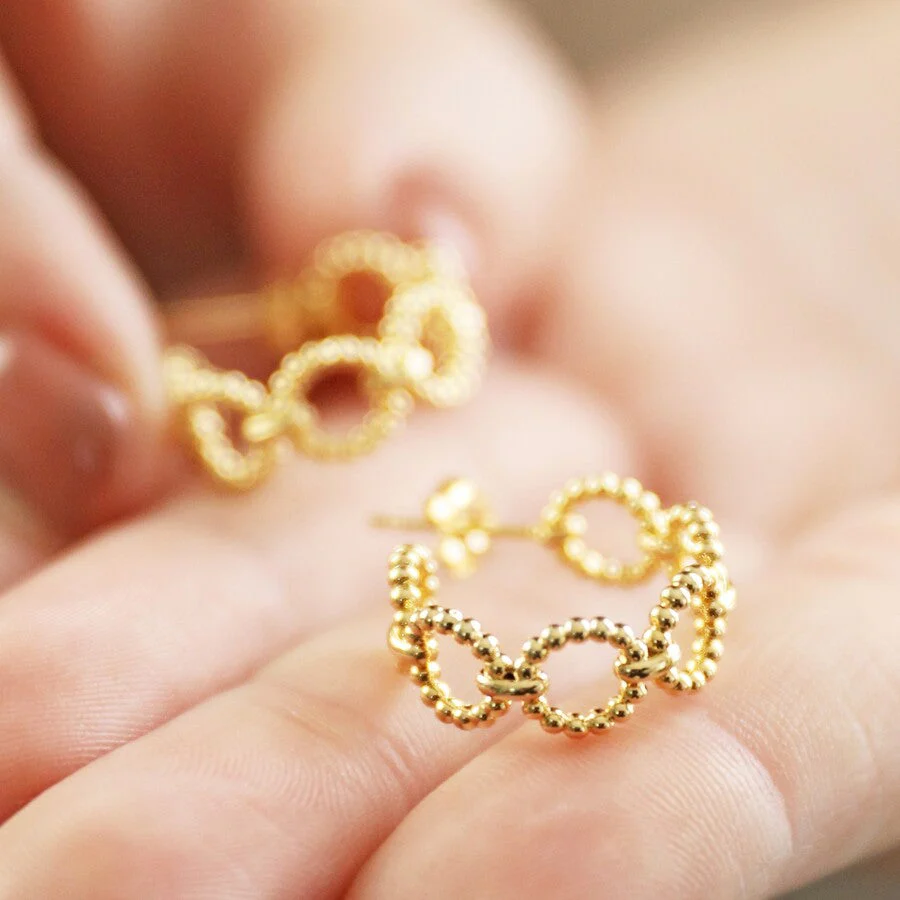 Beaded Chain Hoop Earrings in Gold | Designed in the UK | 14K Gold Plated - Image 2