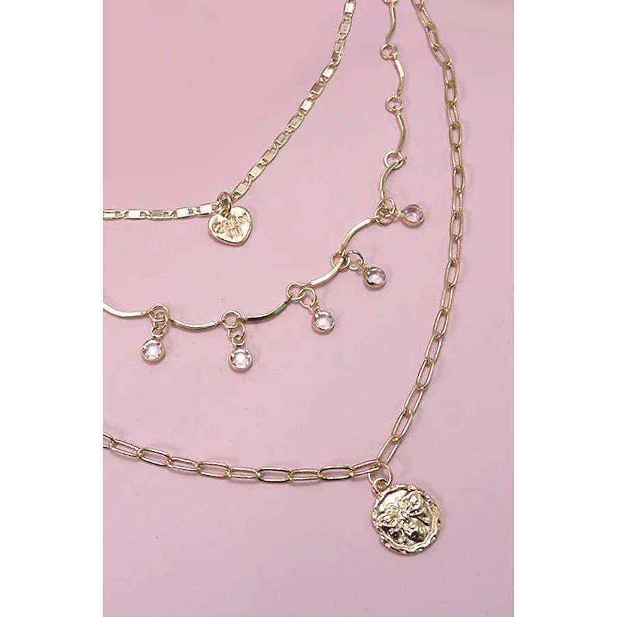 Bee Coin Heart Charm Stone Drop Layer Necklace - Image 2