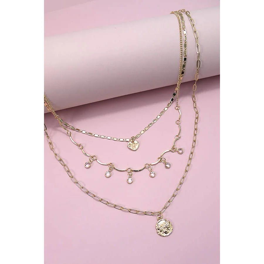 Bee Coin Heart Charm Stone Drop Layer Necklace - Image 3