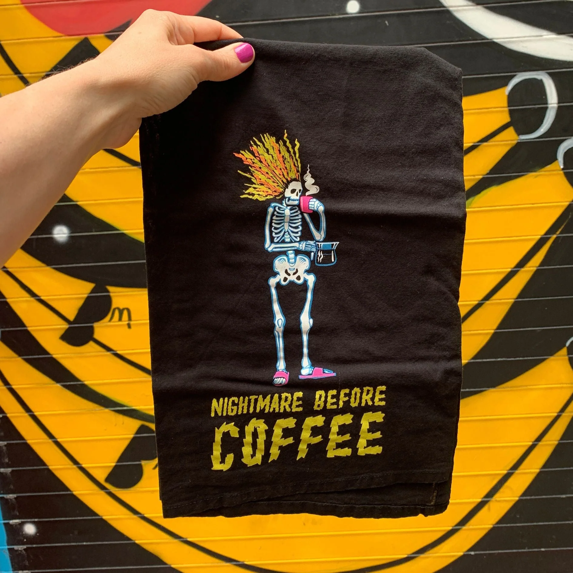Nightmare Before Coffee Skeleton Kitchen Towel | Black Cotton Halloween Themed Tea Dish Cloth | 28" x 28" - Image 4