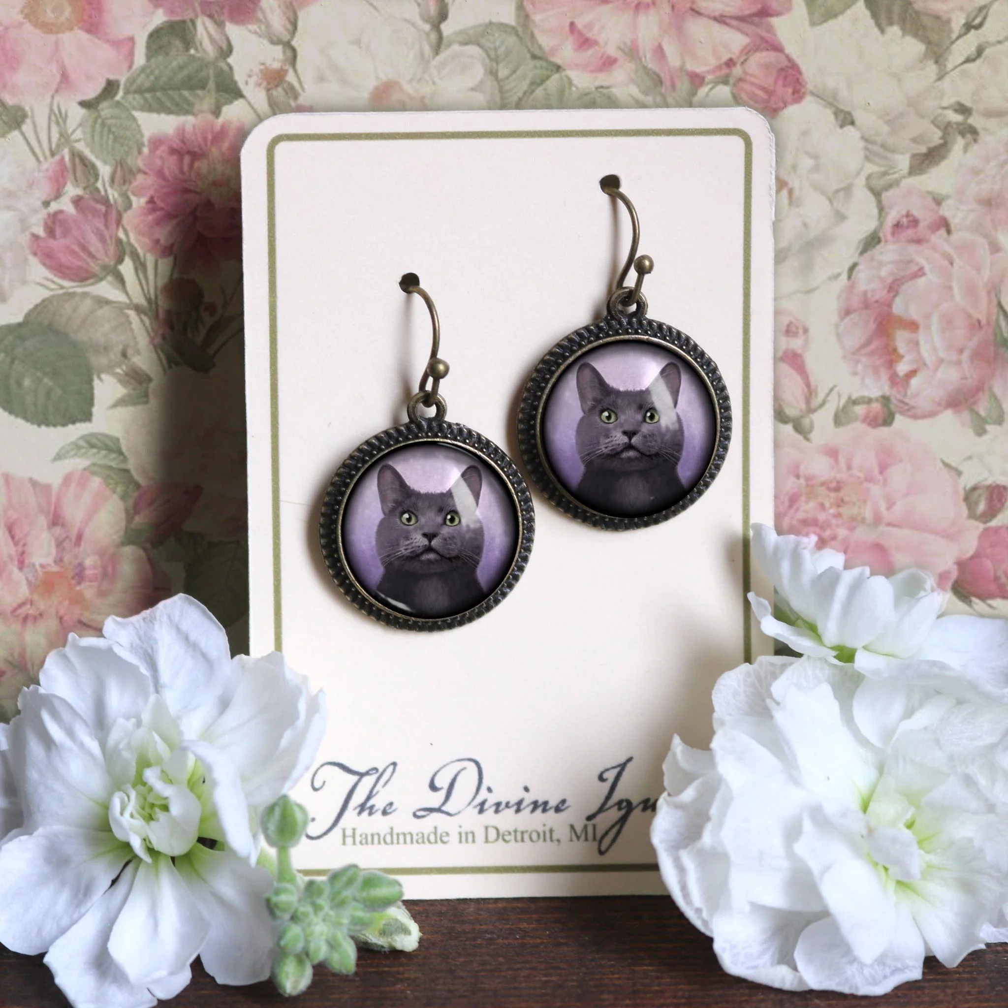 Best Friends Russian Blue Cat Earrings | Gray Cat Glass Cabochon Antique Bronze Dangles - Image 3