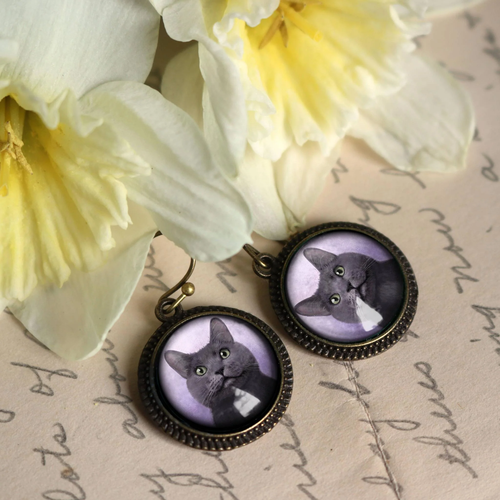 Best Friends Russian Blue Cat Earrings | Gray Cat Glass Cabochon Antique Bronze Dangles - Image 4