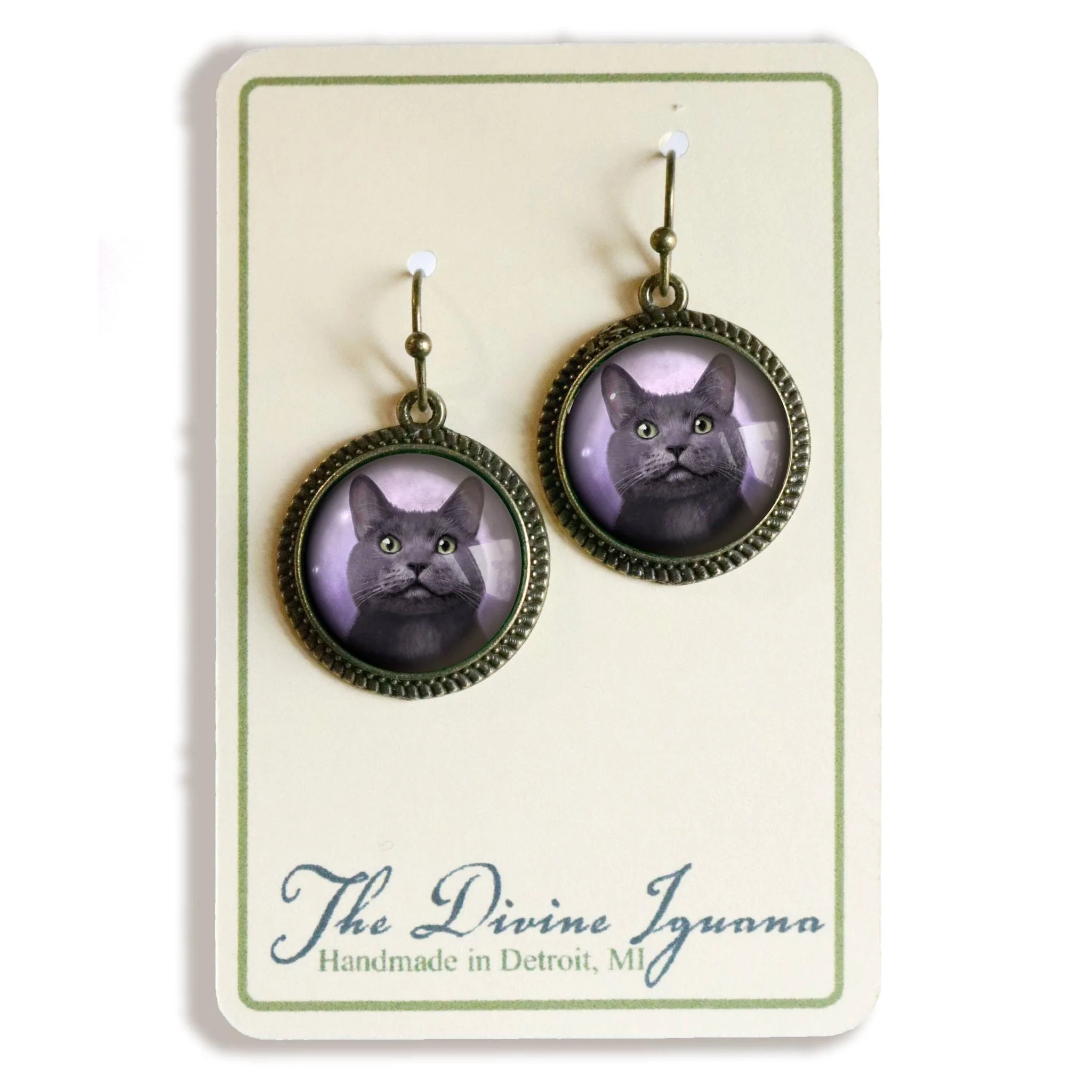 Best Friends Russian Blue Cat Earrings | Gray Cat Glass Cabochon Antique Bronze Dangles - Image 5