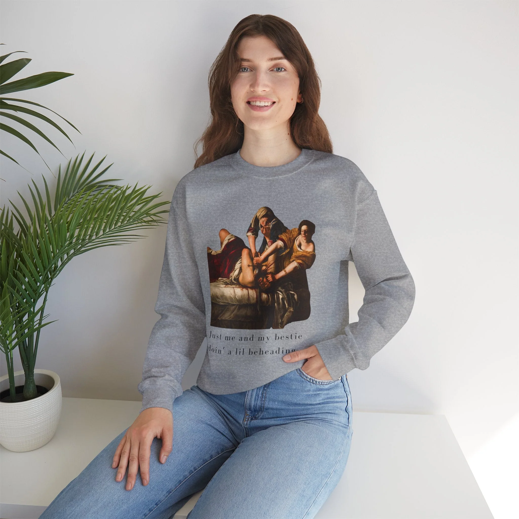 Besties Doing a Nice Beheading! Judith Slaying Holofernes Unisex Heavy Blend™ Crewneck Sweatshirt (Sizes S-5X) - Image 4