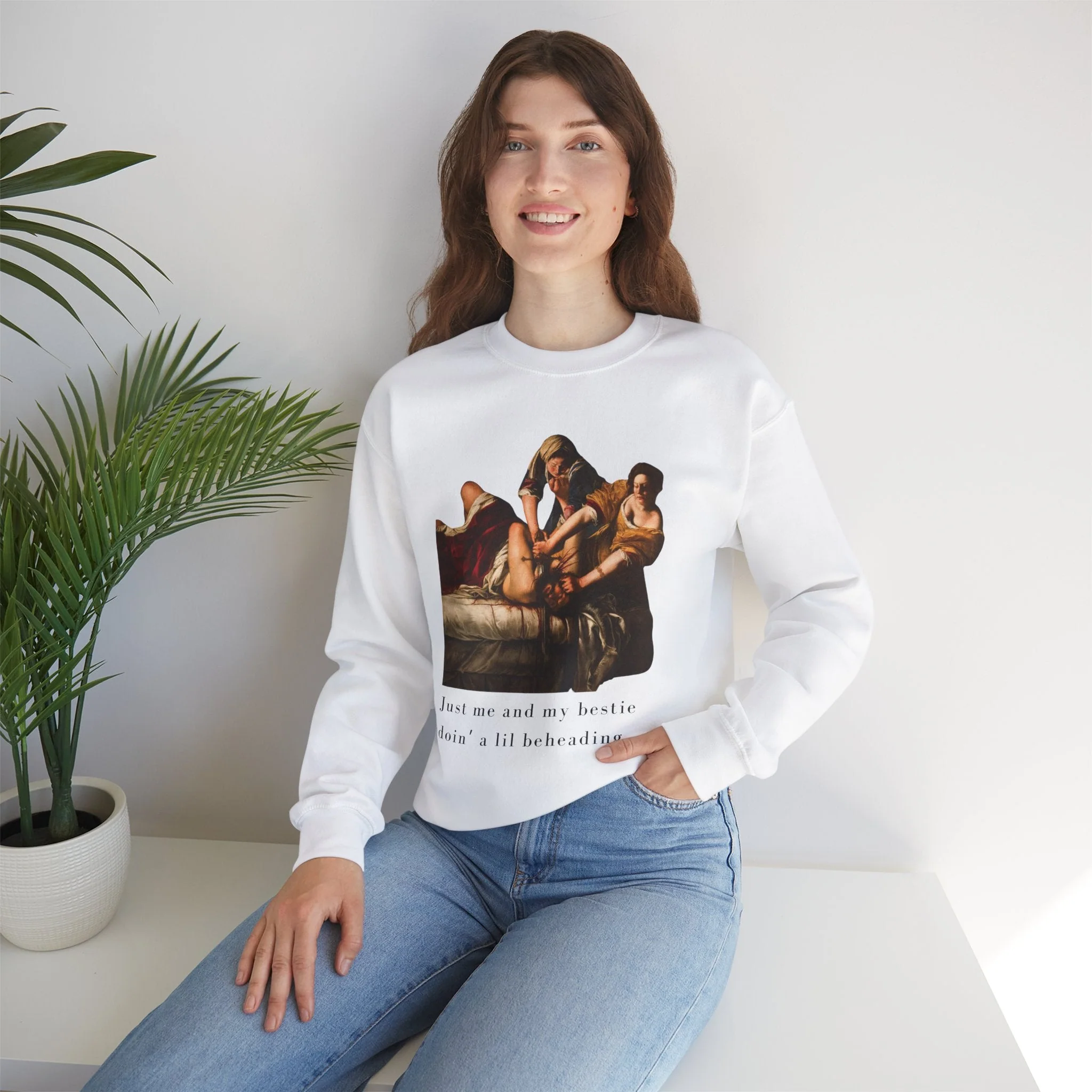 Besties Doing a Nice Beheading! Judith Slaying Holofernes Unisex Heavy Blend™ Crewneck Sweatshirt (Sizes S-5X) - Image 7