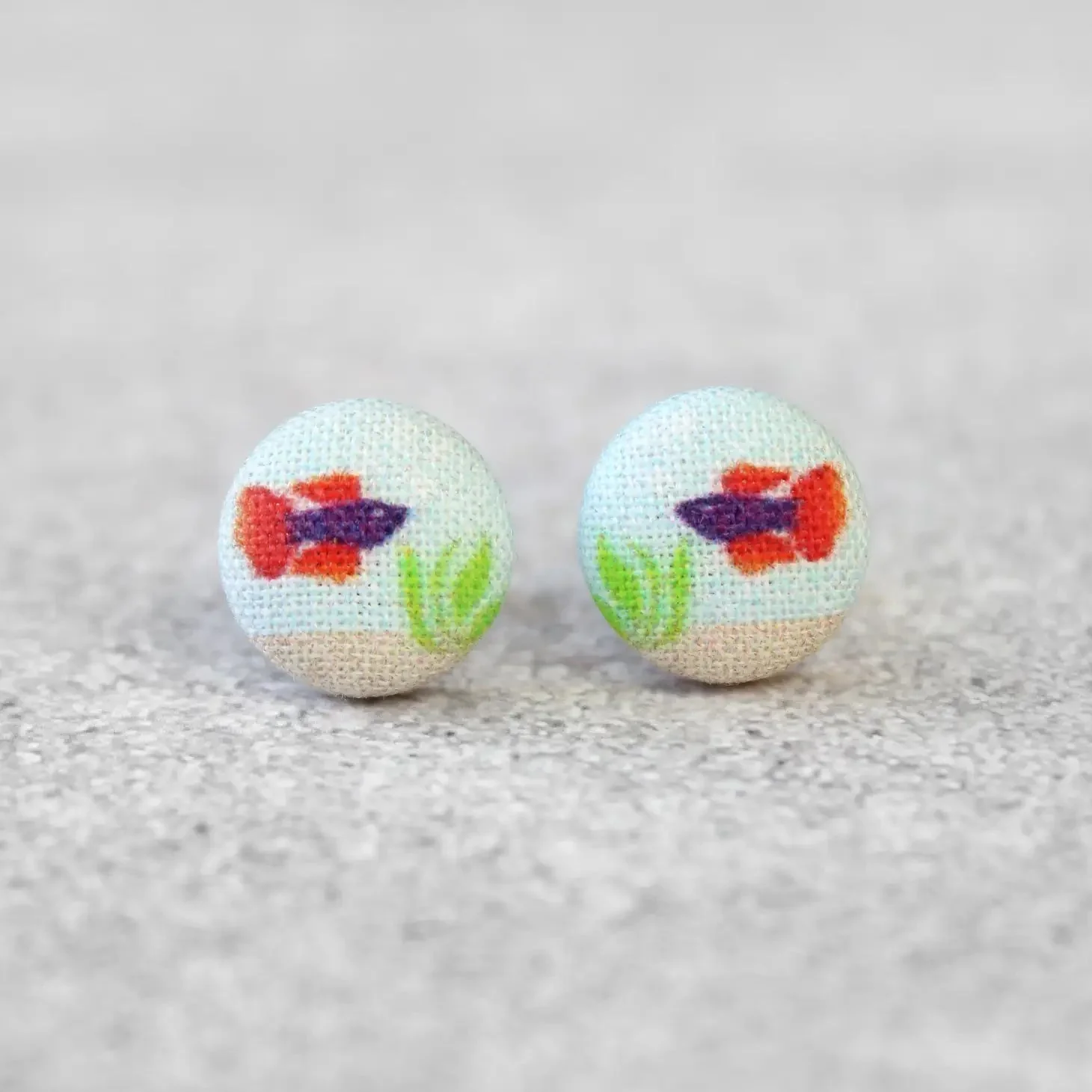 Purple & Orange Beta Fish Fabric Button Earrings | Handmade in the US - Image 2