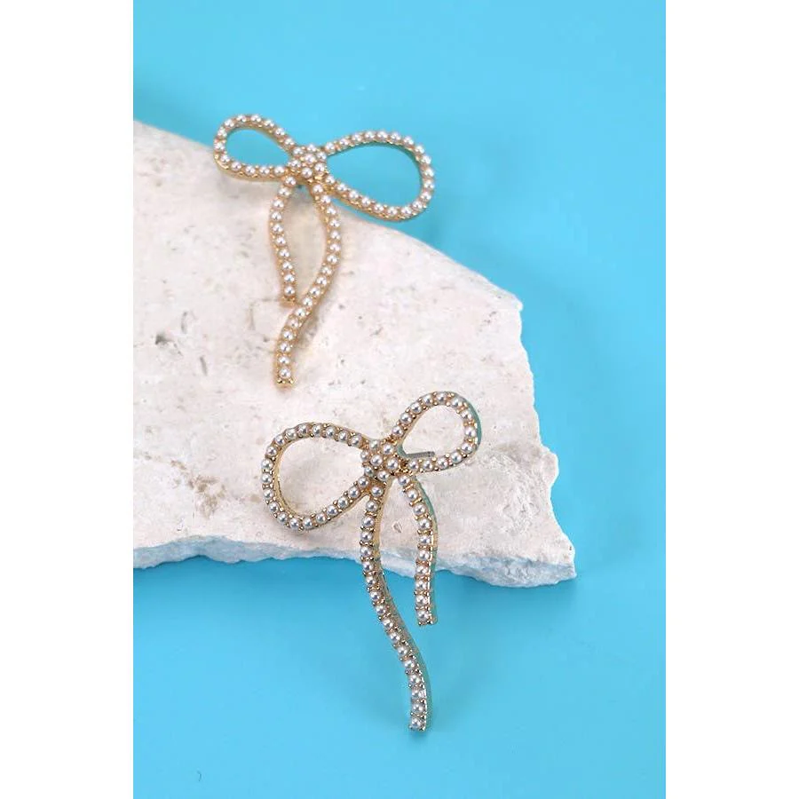 Big Coquettecore Bow Pearl Stud Earrings in Gold Plating | 1.5" Long Oversized Earrings - Image 3