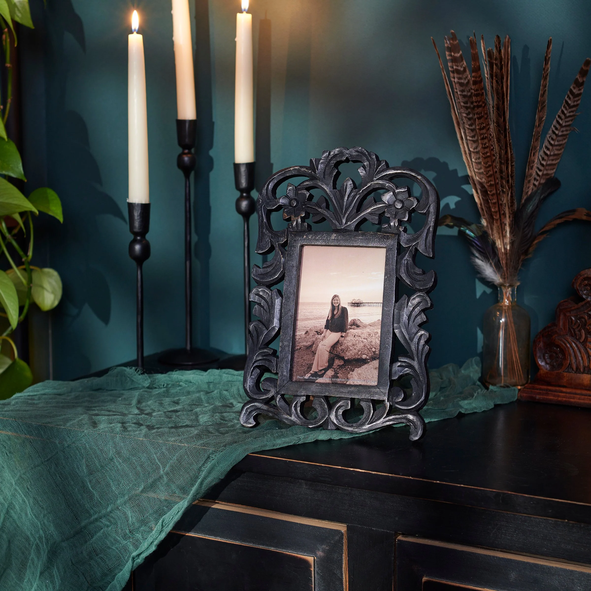 Black Filigree Wood & Glass Photo Frame | Fits 4" x 6" | 8.5" x 13.5" - Image 2