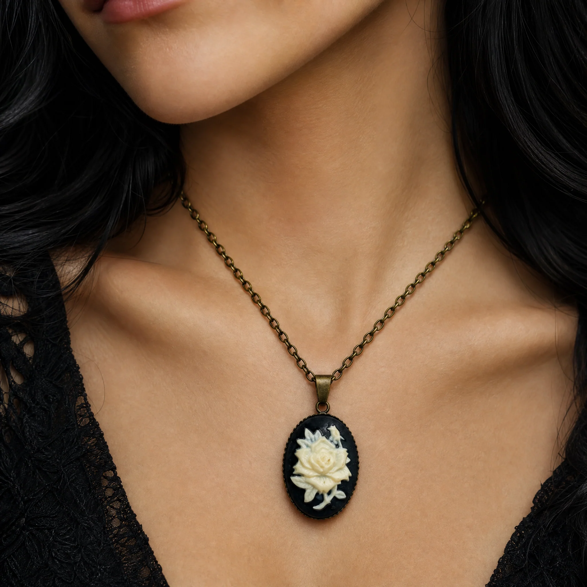 Black Rose Cameo Pendant Necklace | Gothic Vintage Dark Romance Jewelry - Image 2