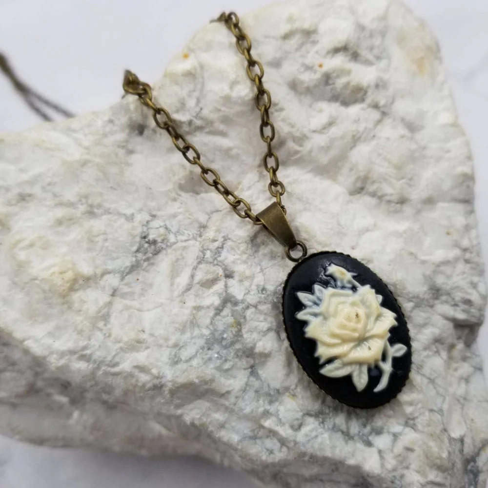 Black Rose Cameo Pendant Necklace | Gothic Vintage Dark Romance Jewelry - Image 3