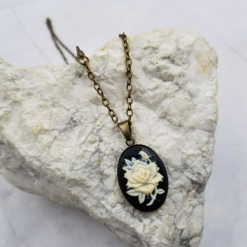 Black Rose Cameo Pendant Necklace | Gothic Vintage Dark Romance Jewelry - Image 5