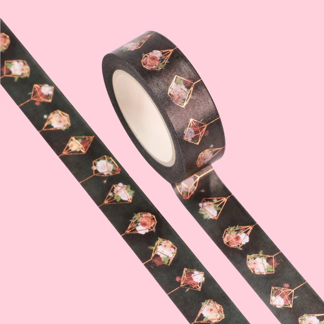 Black Geo Flowers Washi Tape with Rose Gold Accents | Gift Wrapping and Craft Tape - Image 2