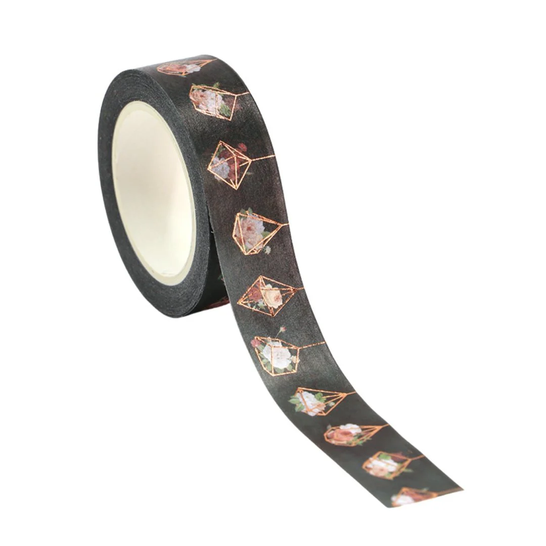 Black Geo Flowers Washi Tape with Rose Gold Accents | Gift Wrapping and Craft Tape - Image 3