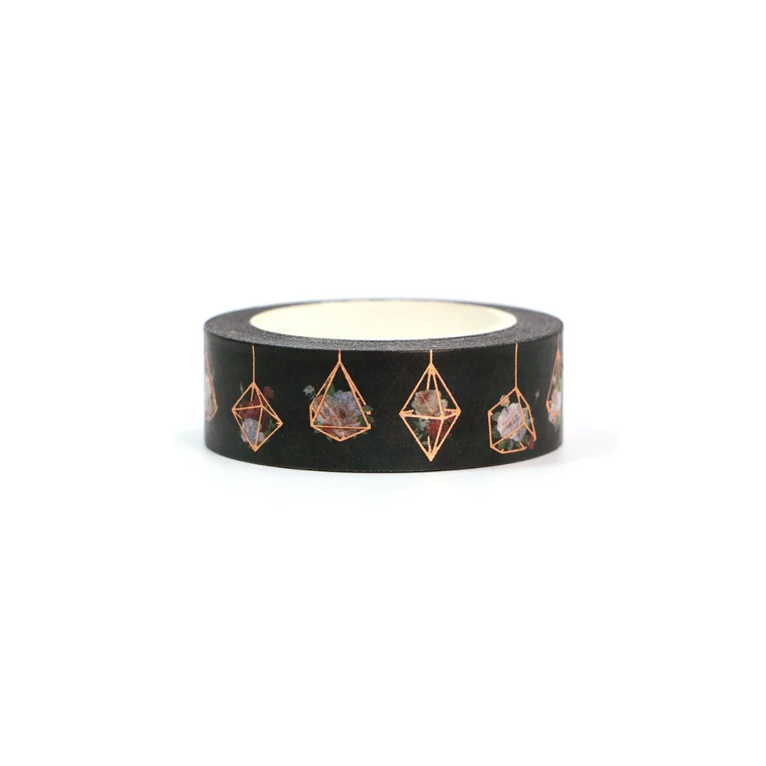 Black Geo Flowers Washi Tape with Rose Gold Accents | Gift Wrapping and Craft Tape - Image 4
