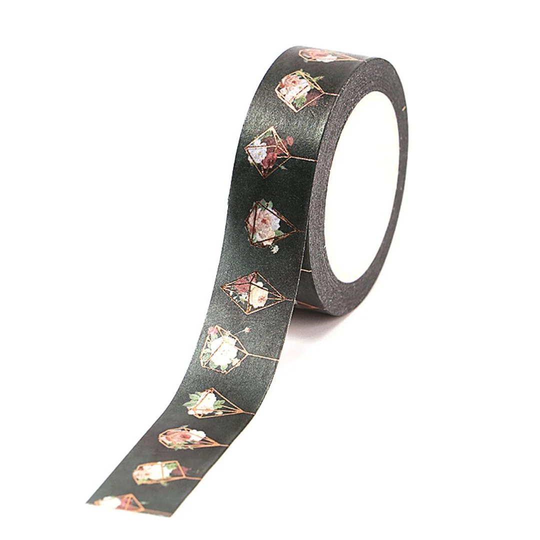 Black Geo Flowers Washi Tape with Rose Gold Accents | Gift Wrapping and Craft Tape - Image 5