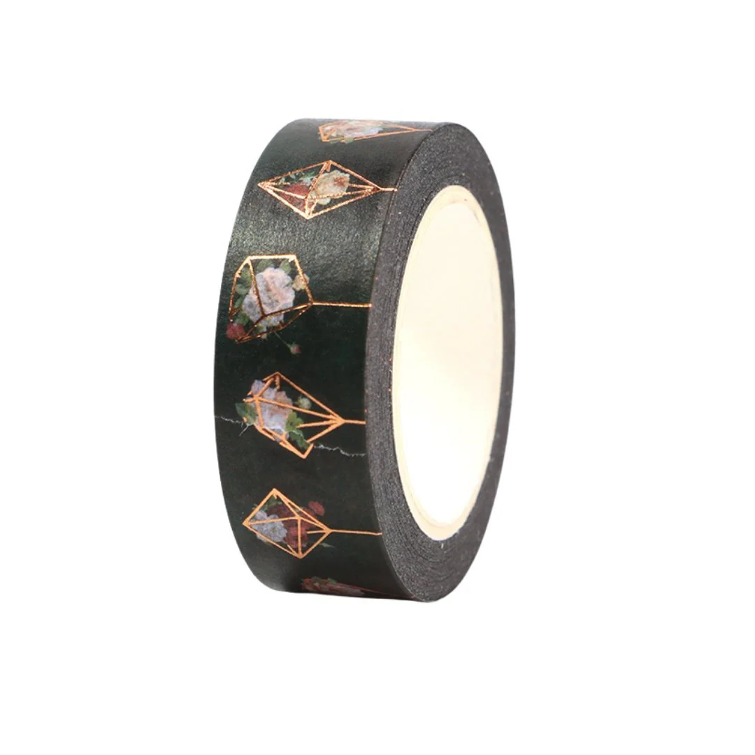 Black Geo Flowers Washi Tape with Rose Gold Accents | Gift Wrapping and Craft Tape - Image 6
