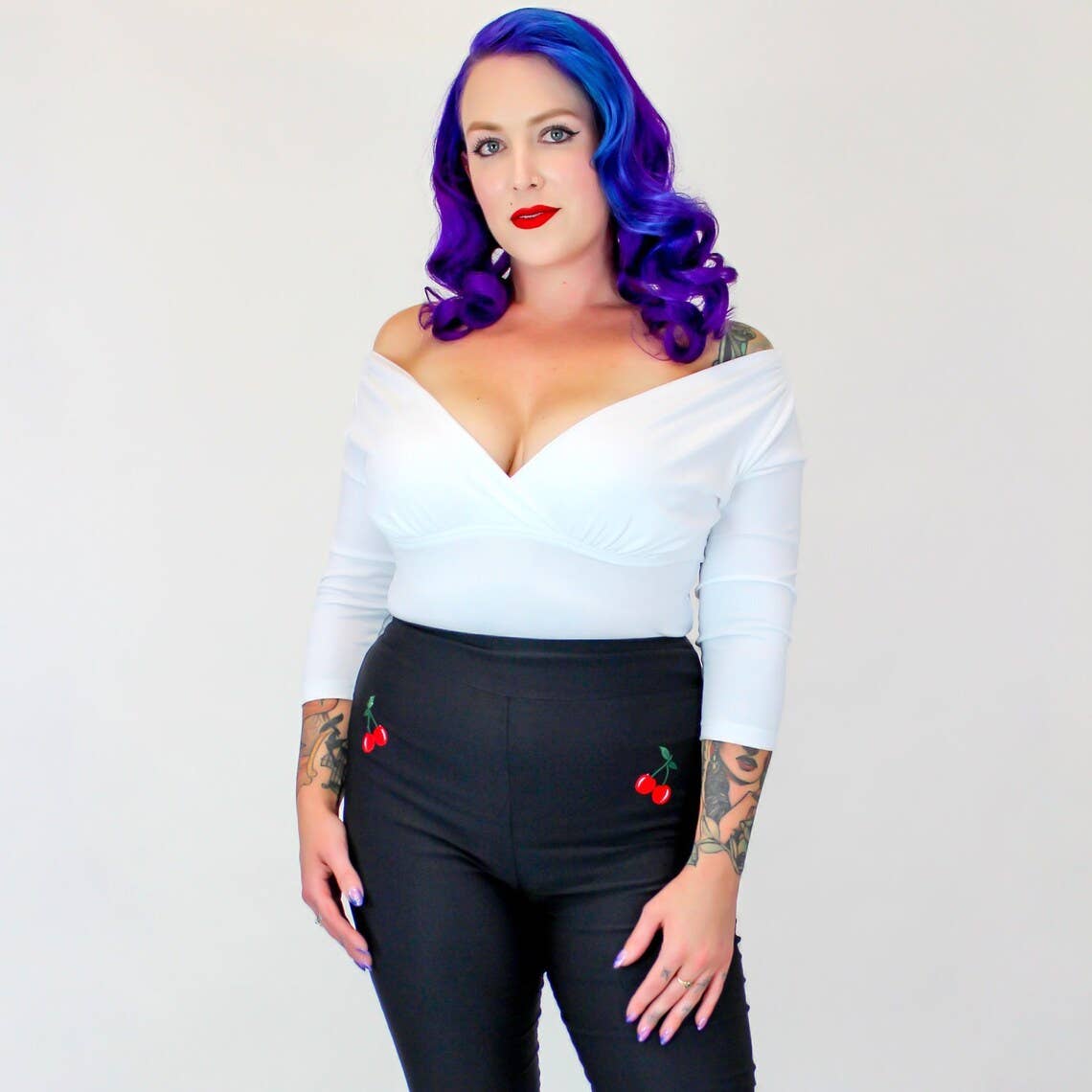 Black Pin Up High Waist Capri Pants with Embroidered Cherries [Available in Sizes SM-L] - Image 3
