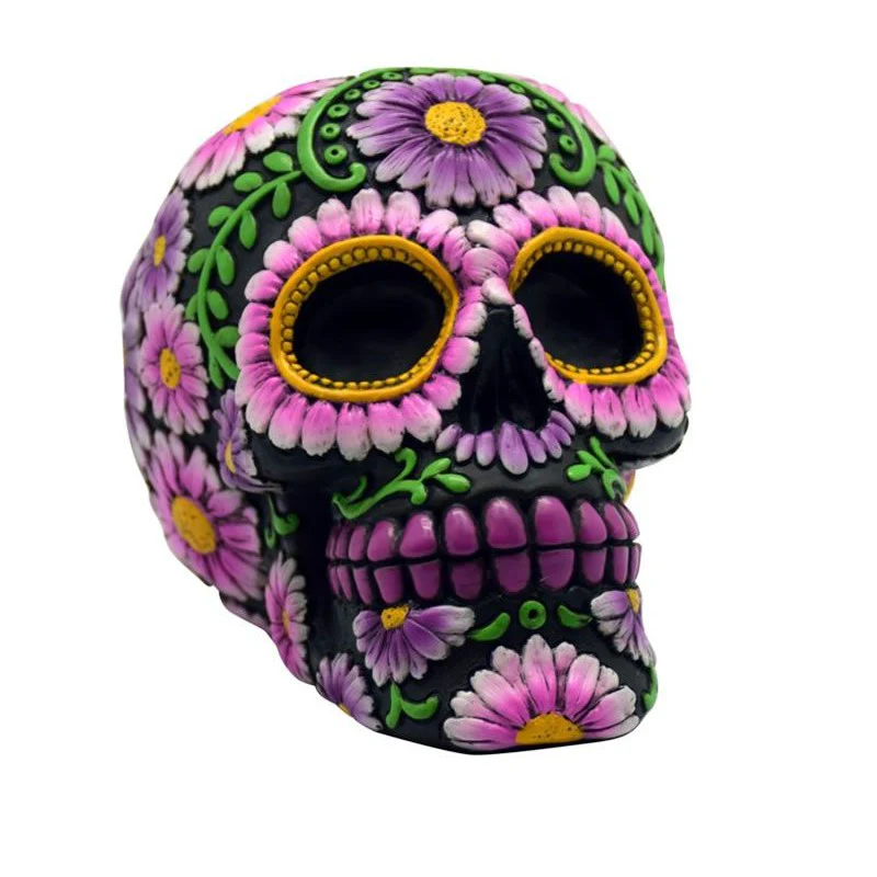 Black and Pink Floral Sugar Skull Resin Coin Bank | Halloween Theme Penny Money Container - Image 2