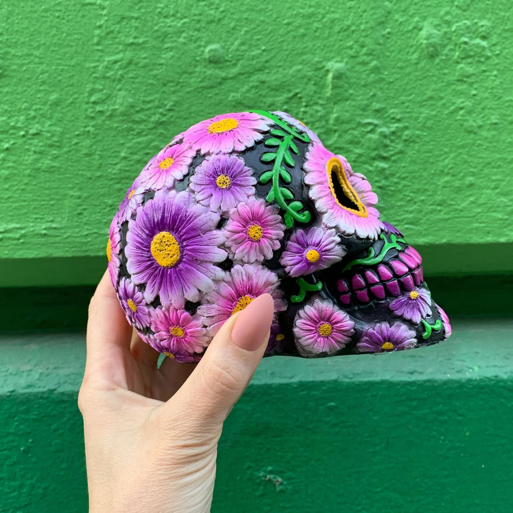 Black and Pink Floral Sugar Skull Resin Coin Bank | Halloween Theme Penny Money Container - Image 3