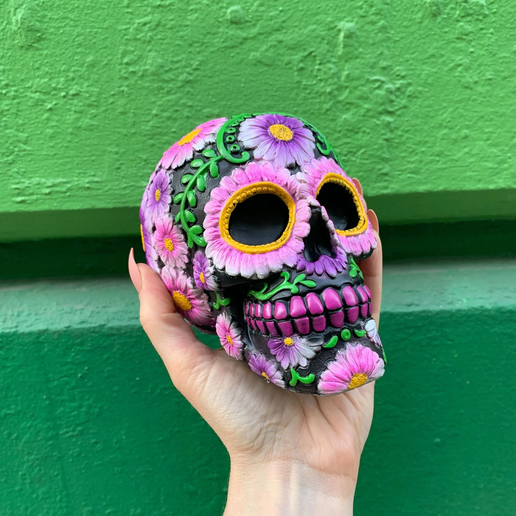 Black and Pink Floral Sugar Skull Resin Coin Bank | Halloween Theme Penny Money Container - Image 5