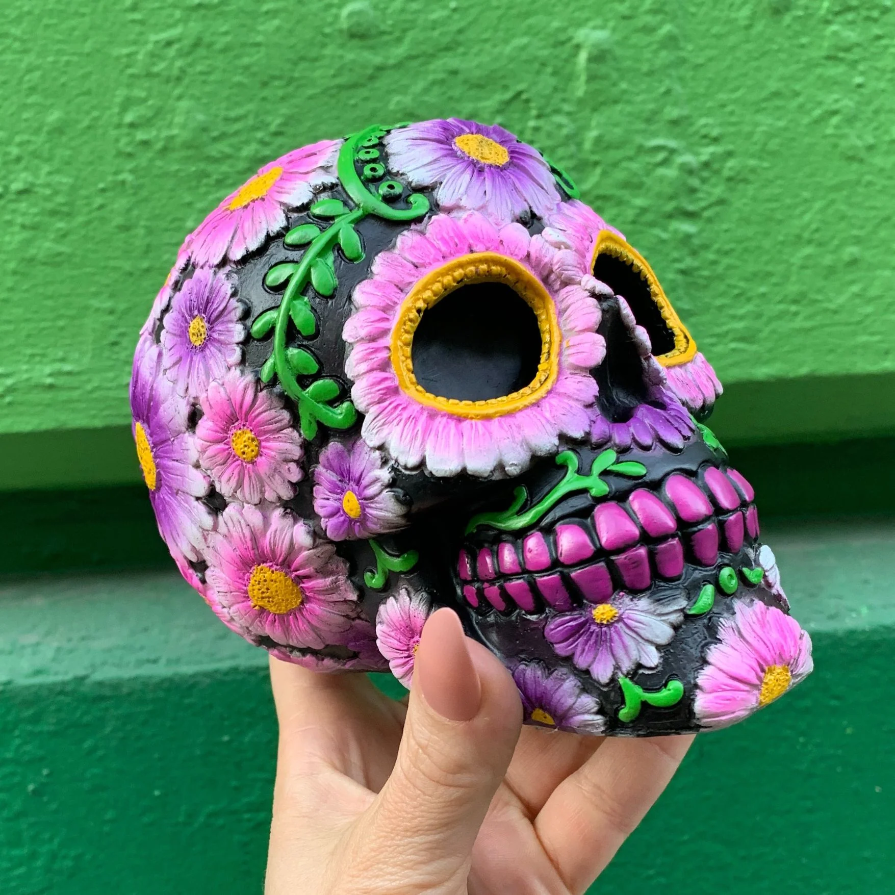 Black and Pink Floral Sugar Skull Resin Coin Bank | Halloween Theme Penny Money Container - Image 6