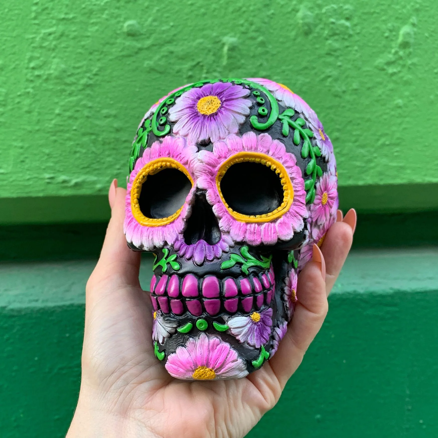 Black and Pink Floral Sugar Skull Resin Coin Bank | Halloween Theme Penny Money Container - Image 7