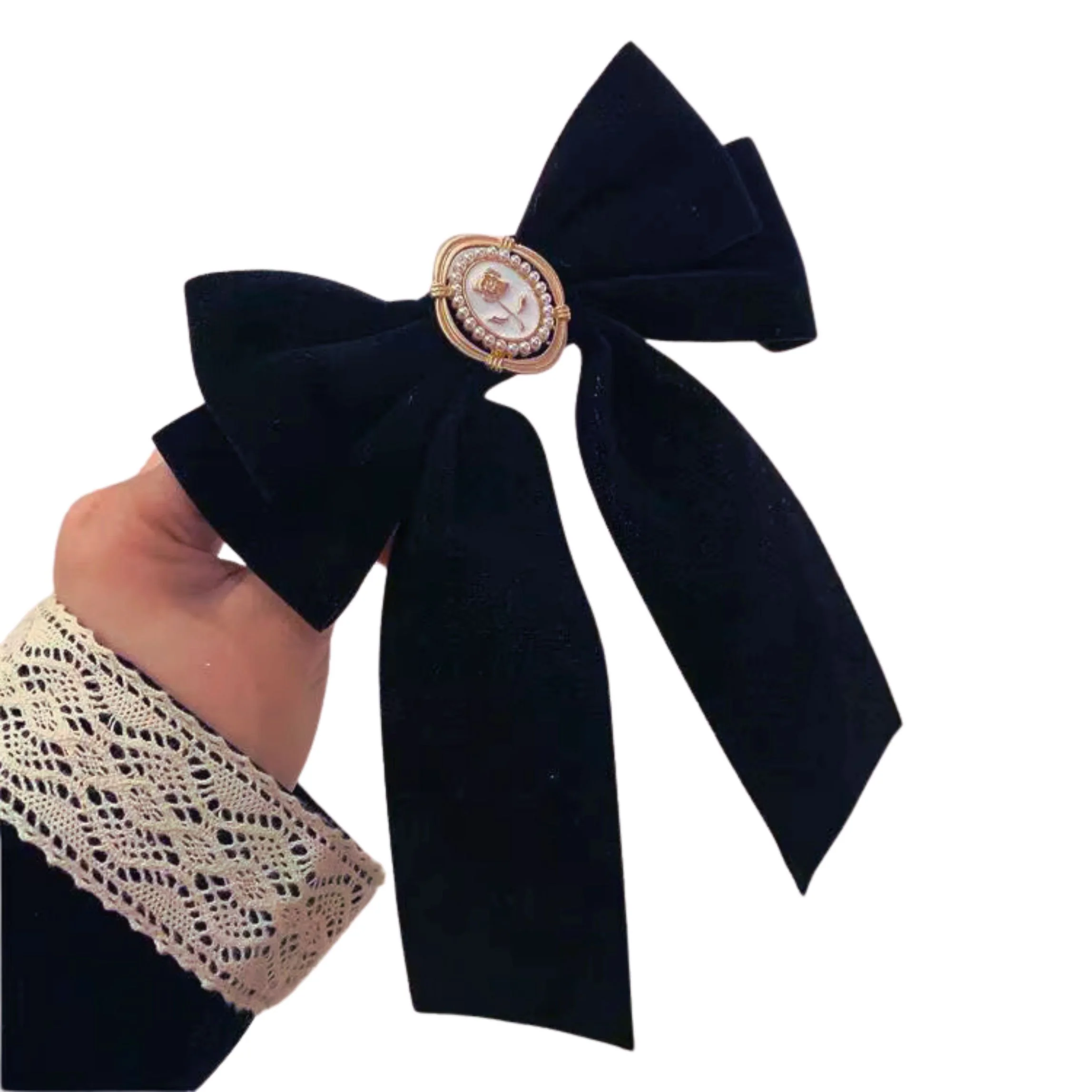 Black Velvet Cameo Hair Clip Bow - Image 7