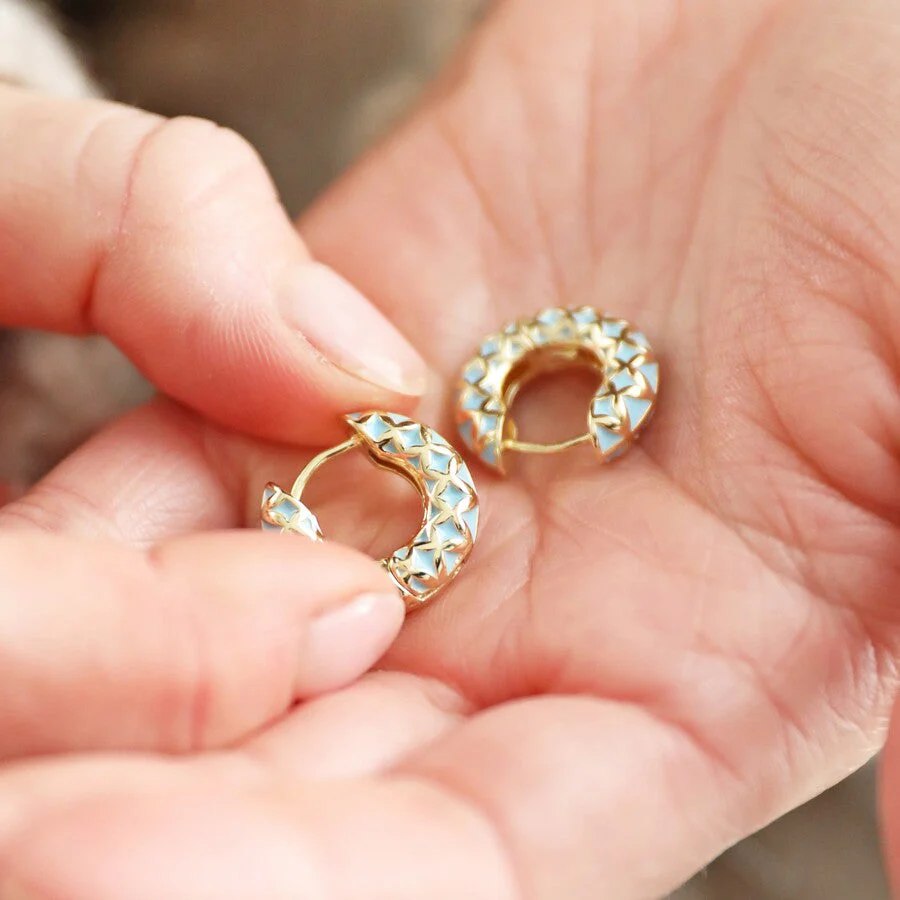 Blue Geometric Enamel Hoop Earrings in Gold | Designed in the UK | 14K Gold Plated Brass - Image 2