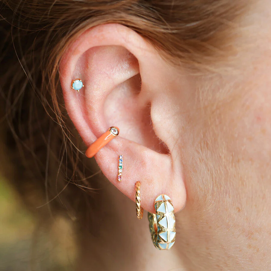 Blue Geometric Enamel Hoop Earrings in Gold | Designed in the UK | 14K Gold Plated Brass - Image 3
