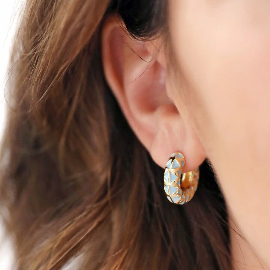 Blue Geometric Enamel Hoop Earrings in Gold | Designed in the UK | 14K Gold Plated Brass - Image 4