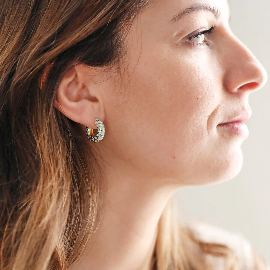 Blue Geometric Enamel Hoop Earrings in Gold | Designed in the UK | 14K Gold Plated Brass - Image 5