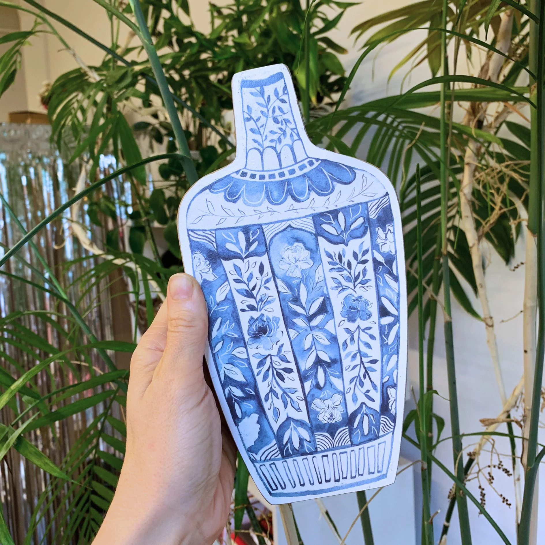 Blue Jar 2D Vase Shaped Wood Decor | Hand Painted Floral Designs | Decorative Wooden Ancient Vase Stander - Image 6