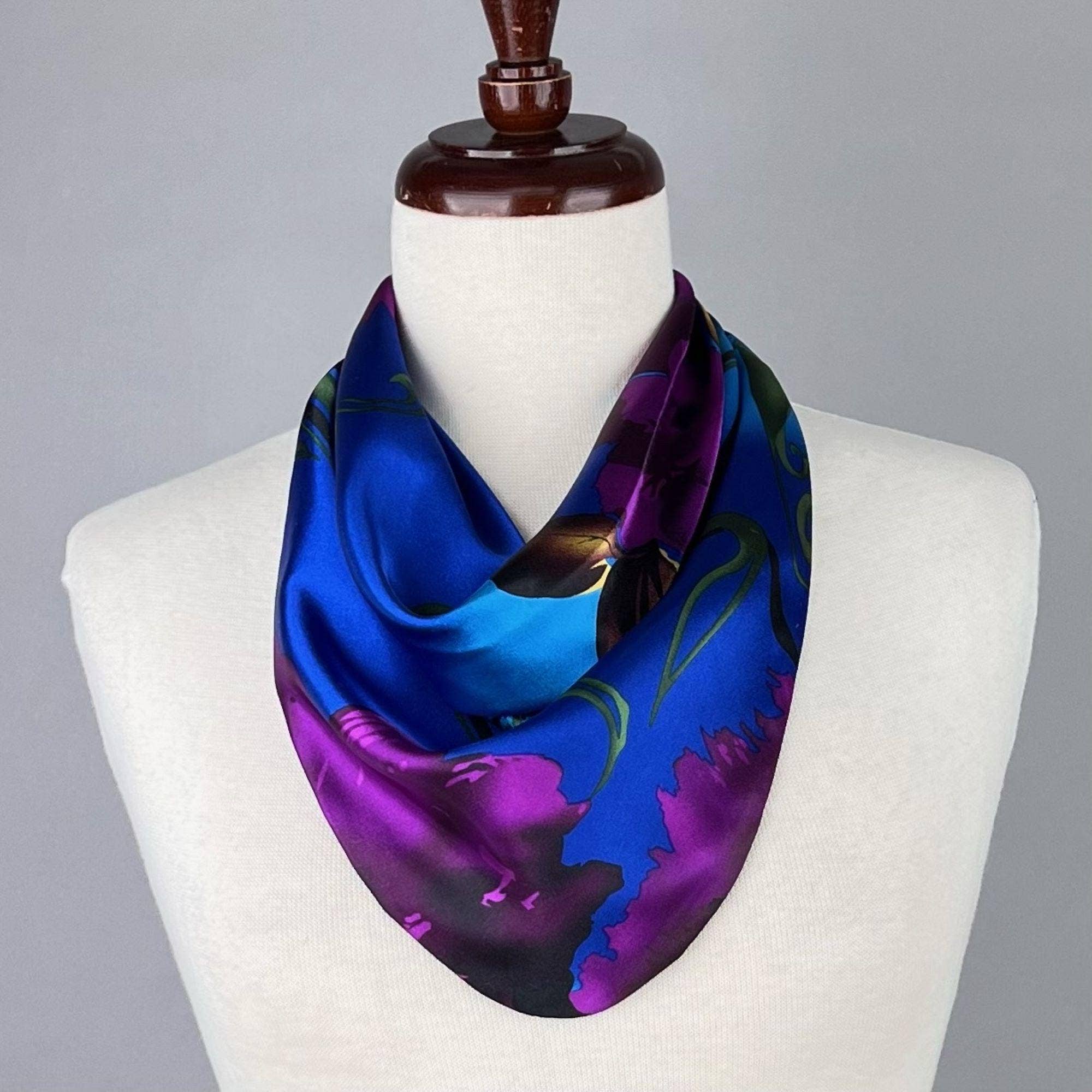 Blue & Purple Satin Pre-Tied Necklace Style Scarf with Magnetic Closure