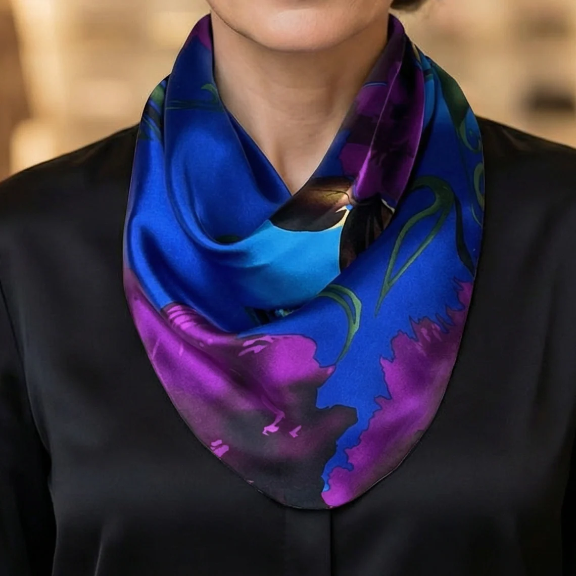 Blue & Purple Satin Pre-Tied Necklace Style Scarf with Magnetic Closure - Image 2
