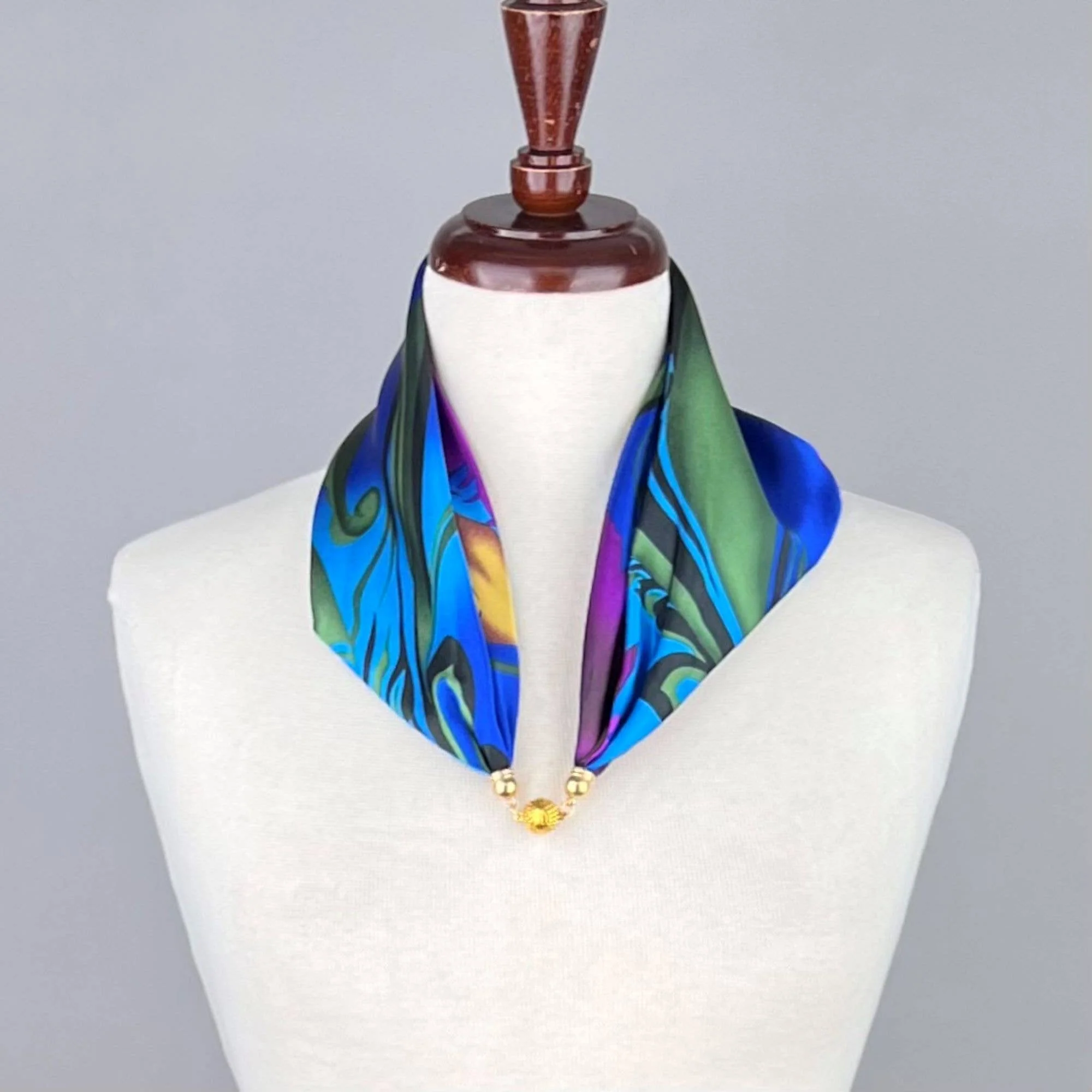 Blue & Purple Satin Pre-Tied Necklace Style Scarf with Magnetic Closure - Image 3