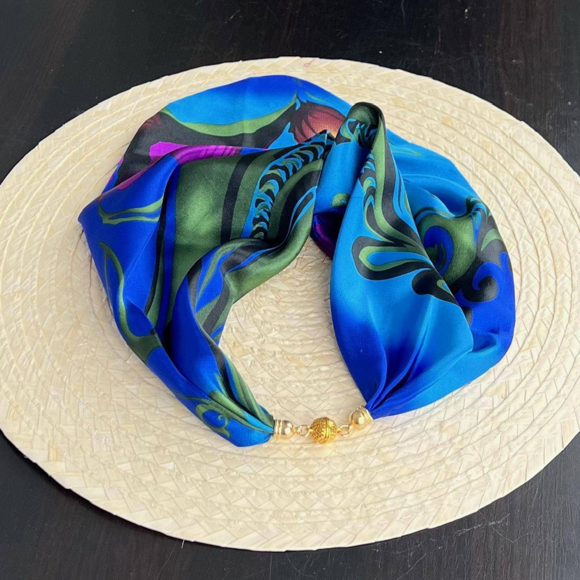 Blue & Purple Satin Pre-Tied Necklace Style Scarf with Magnetic Closure - Image 5