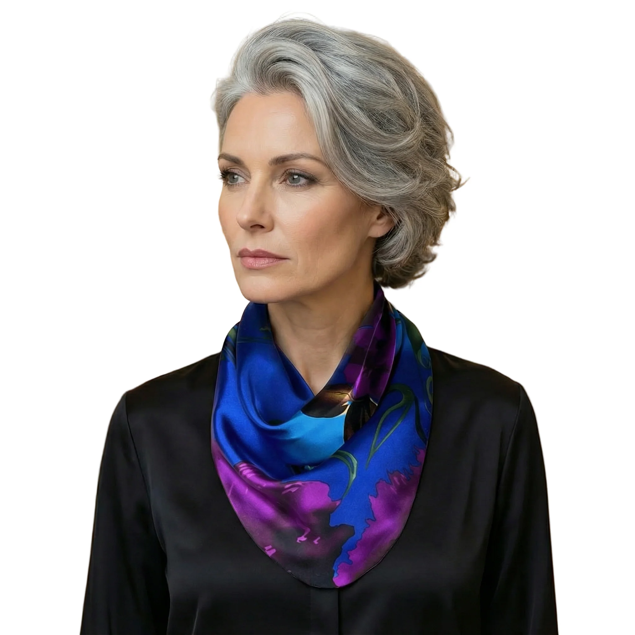 Blue & Purple Satin Pre-Tied Necklace Style Scarf with Magnetic Closure - Image 6